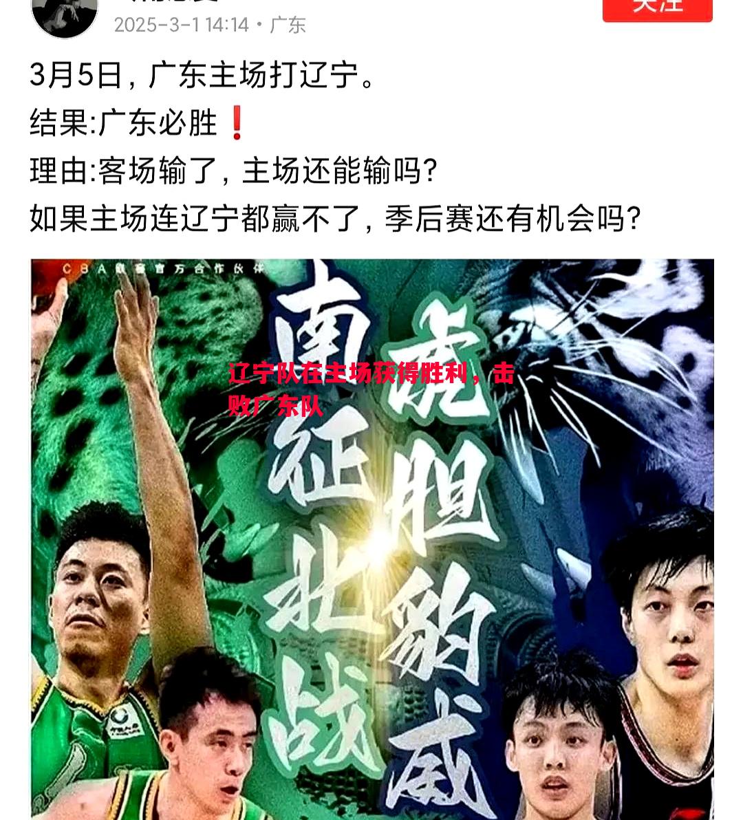 辽宁队在主场获得胜利，击败广东队